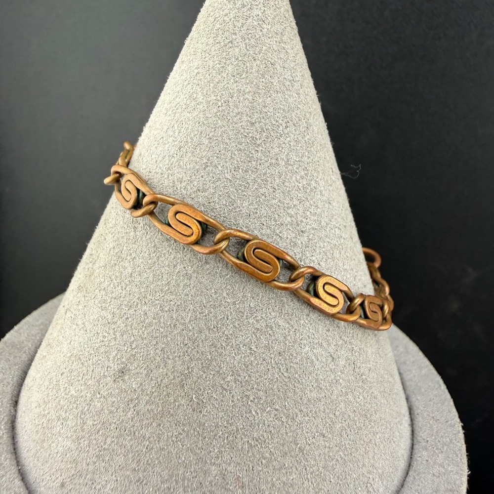 Vintage Copper Link Bracelet Snail Greek Key 6.5”